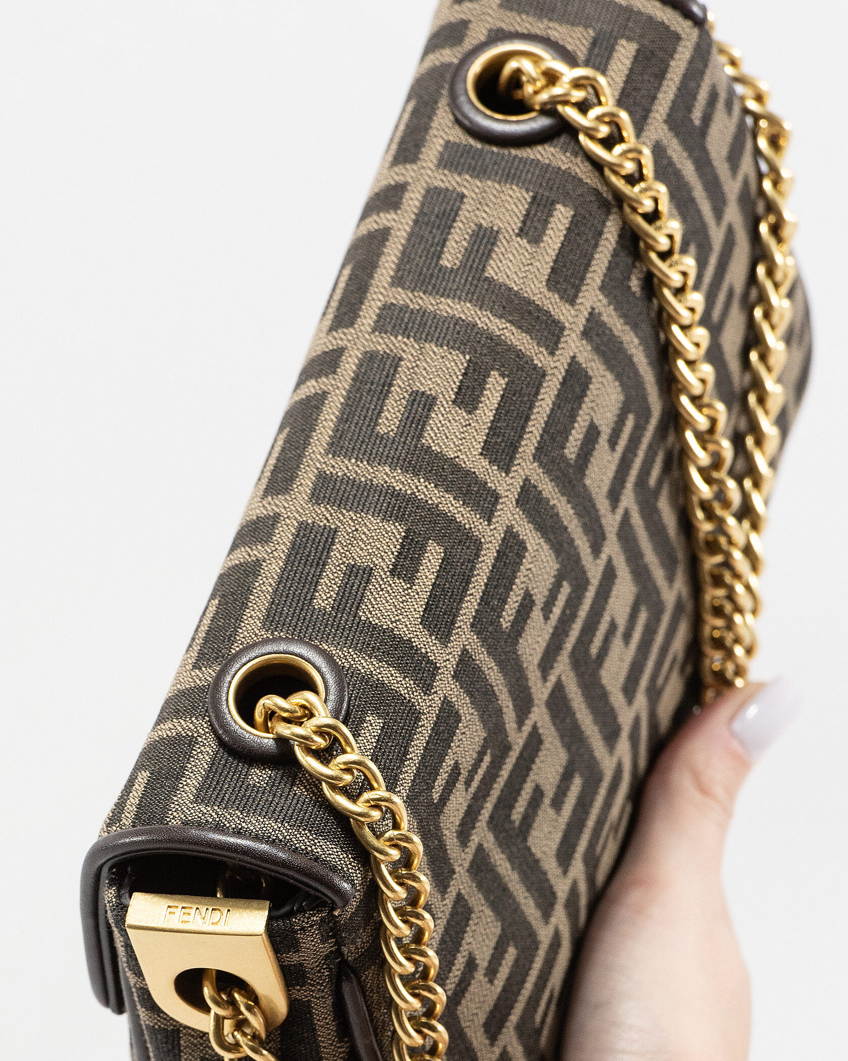 Fendi Brown FF Jacquard Fabric Baguette Chain Midi Bag - 11