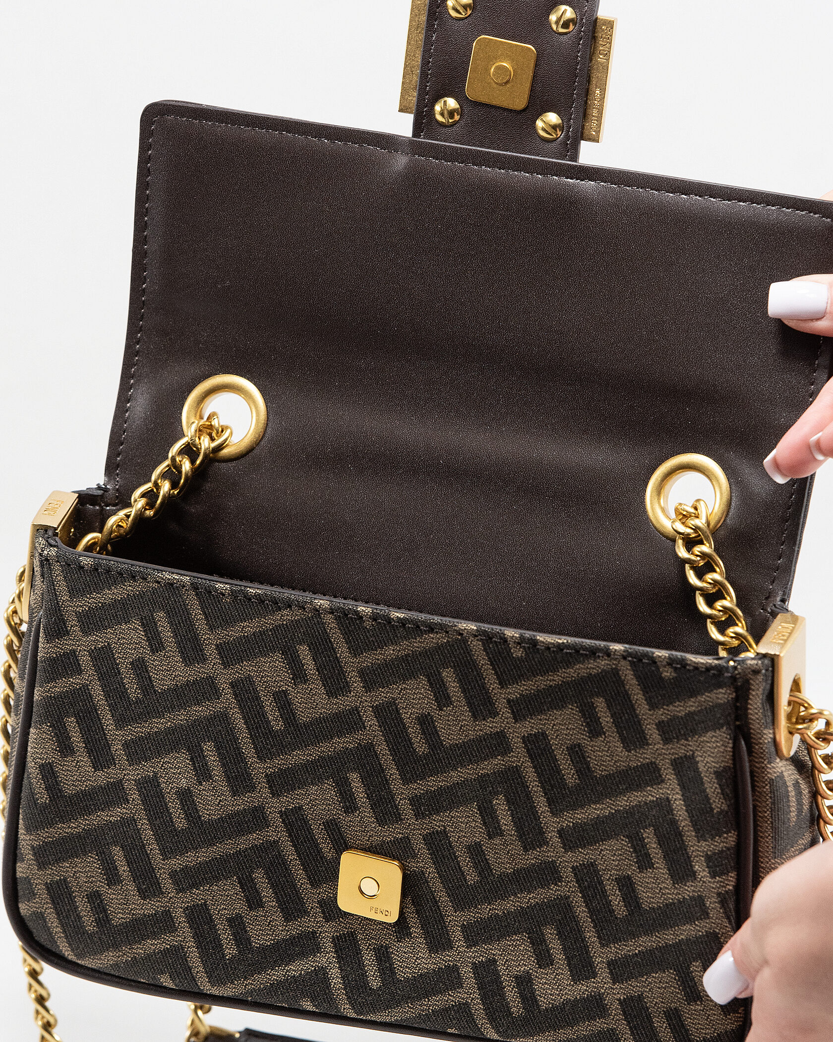 Fendi Brown FF Jacquard Fabric Baguette Chain Midi Bag - 13