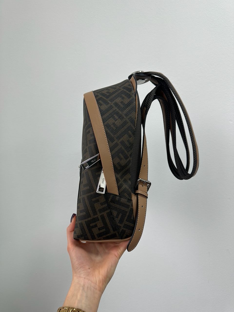 Fendi Chiodo Small Fendi Diagonal Brown FF Canvas Backpack - 5