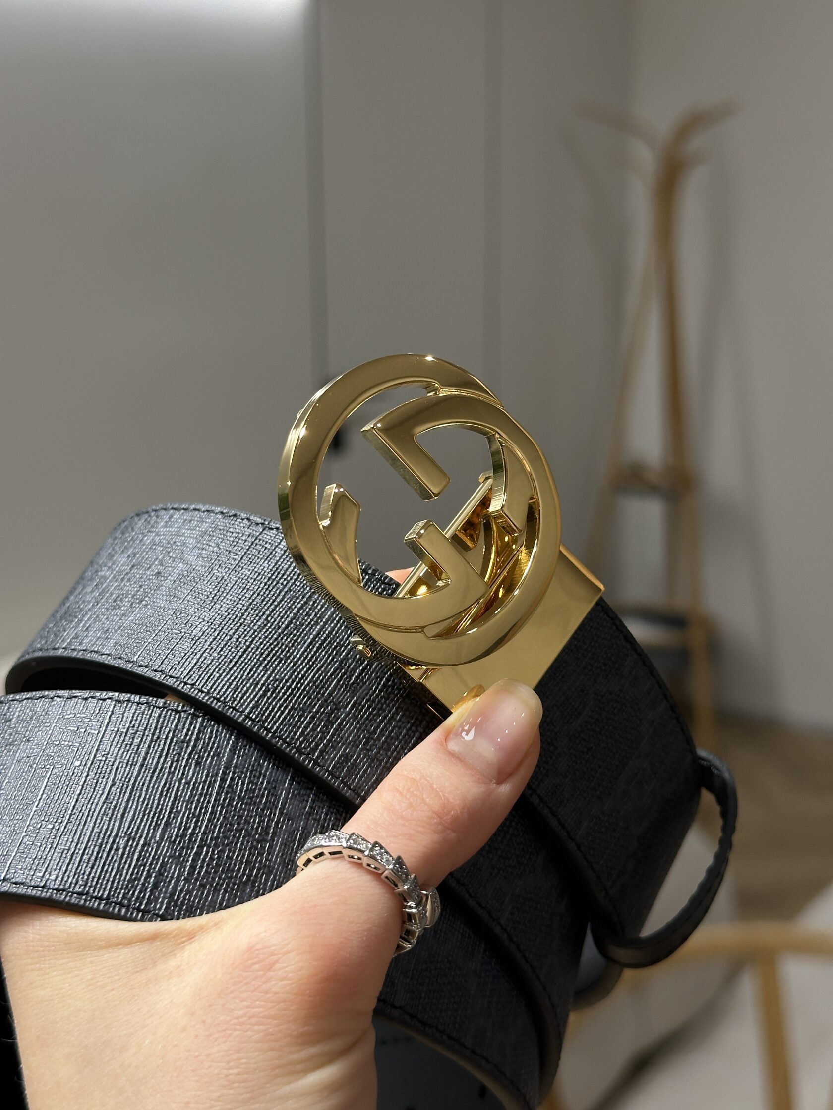 Gucci Belt with Interlocking G Buckle Grey Canvas/Gold - 5