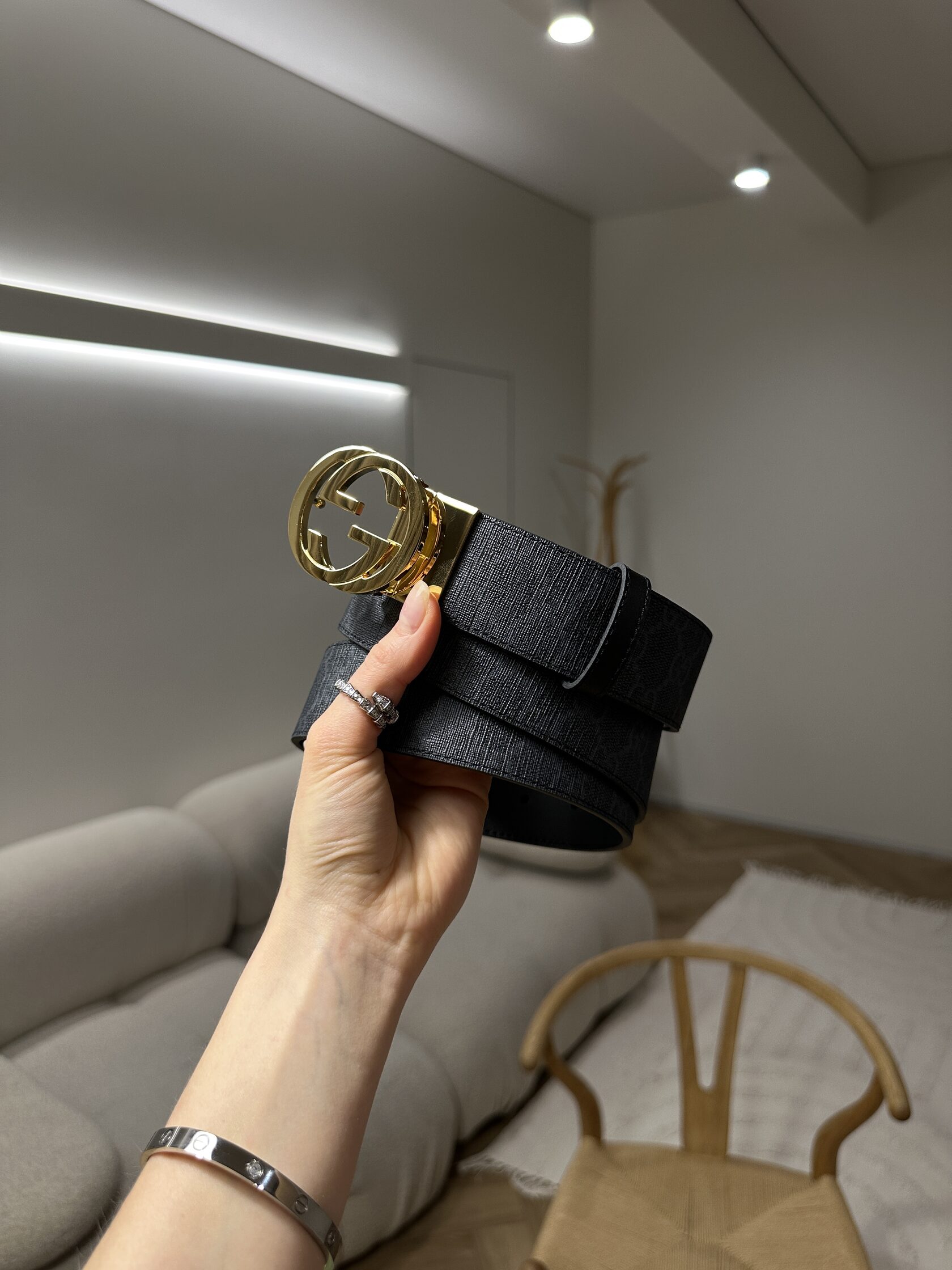 Gucci Belt with Interlocking G Buckle Grey Canvas/Gold - 6