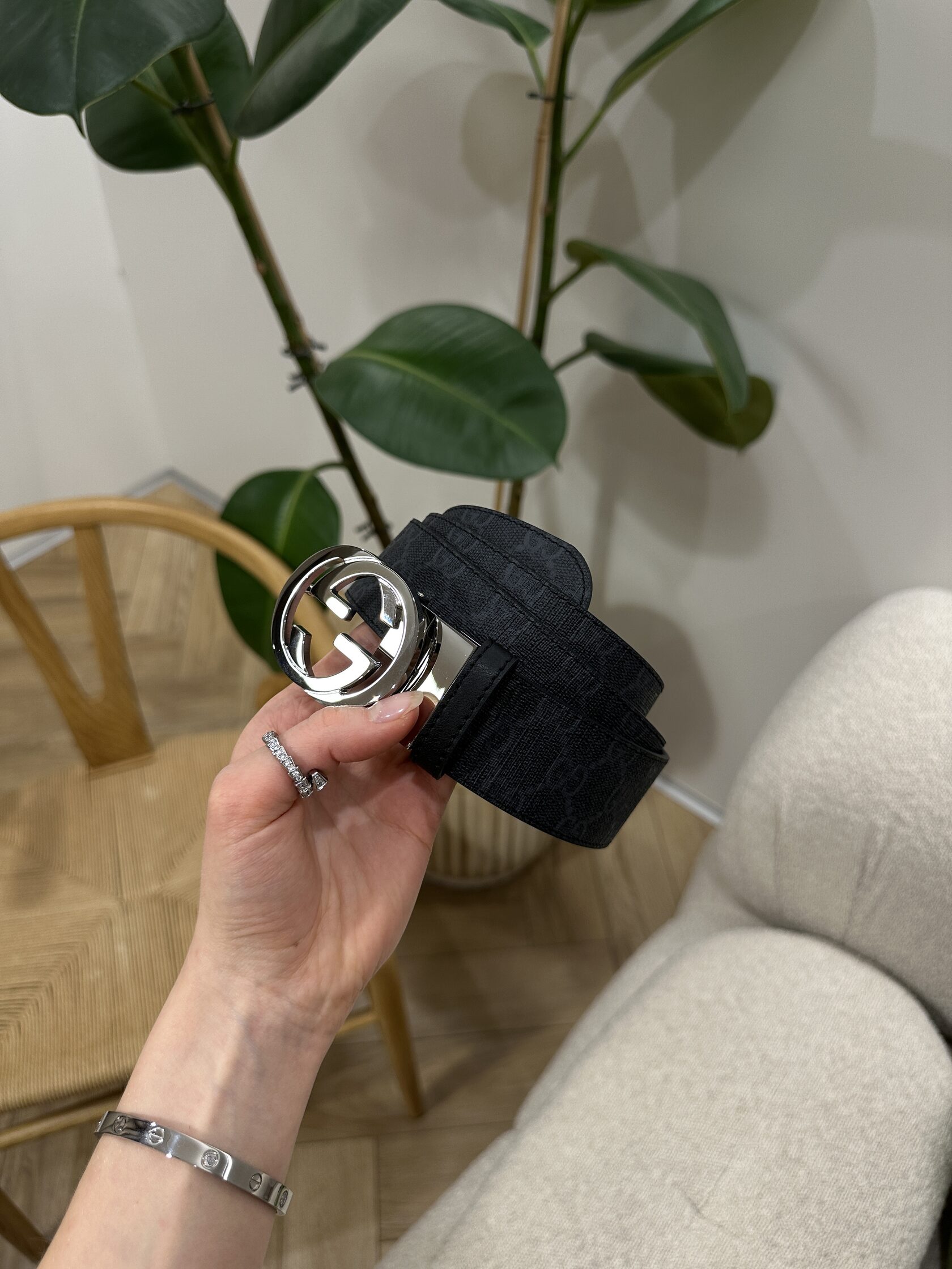 Gucci Belt with Interlocking G Buckle Grey Canvas/Silver - 5