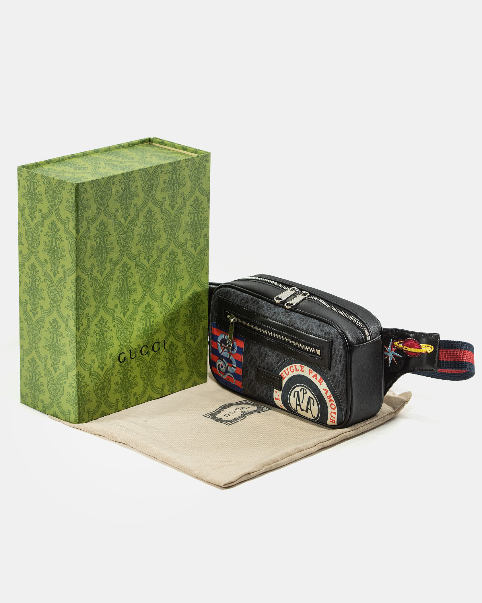 Gucci Small Belt Bag in Black GG Supreme Canvas with Patches - 2