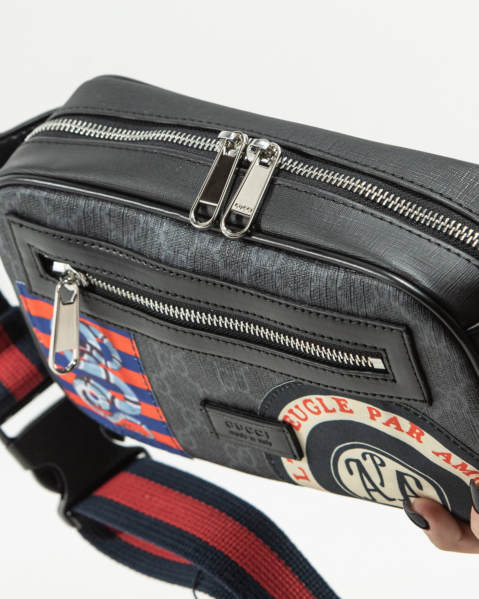 Gucci Small Belt Bag in Black GG Supreme Canvas with Patches - 5