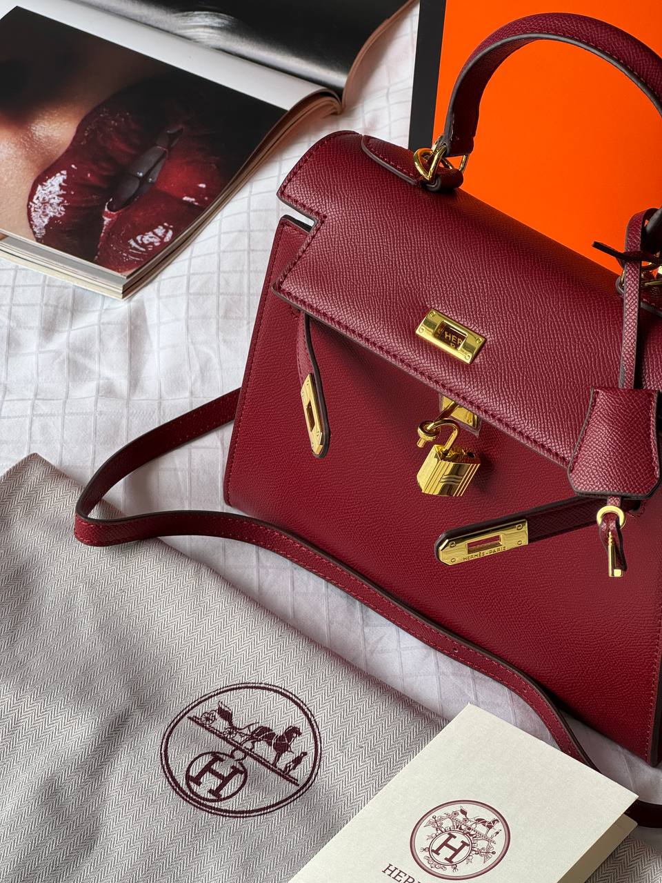 Hermès Kelly 25 Sellier Epsom Leather Bag in Rouge H (Bordeaux/Burgundy) - 12