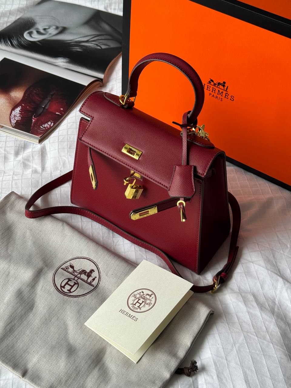Hermès Kelly 25 Sellier Epsom Leather Bag in Rouge H (Bordeaux/Burgundy) - 14