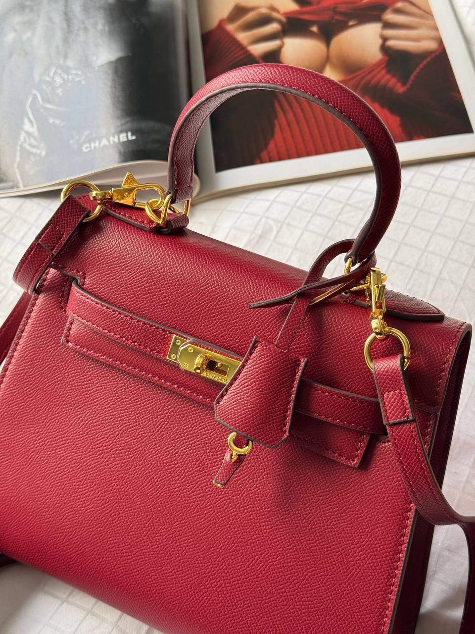 Hermès Kelly 25 Sellier Epsom Leather Bag in Rouge H (Bordeaux/Burgundy) - 8