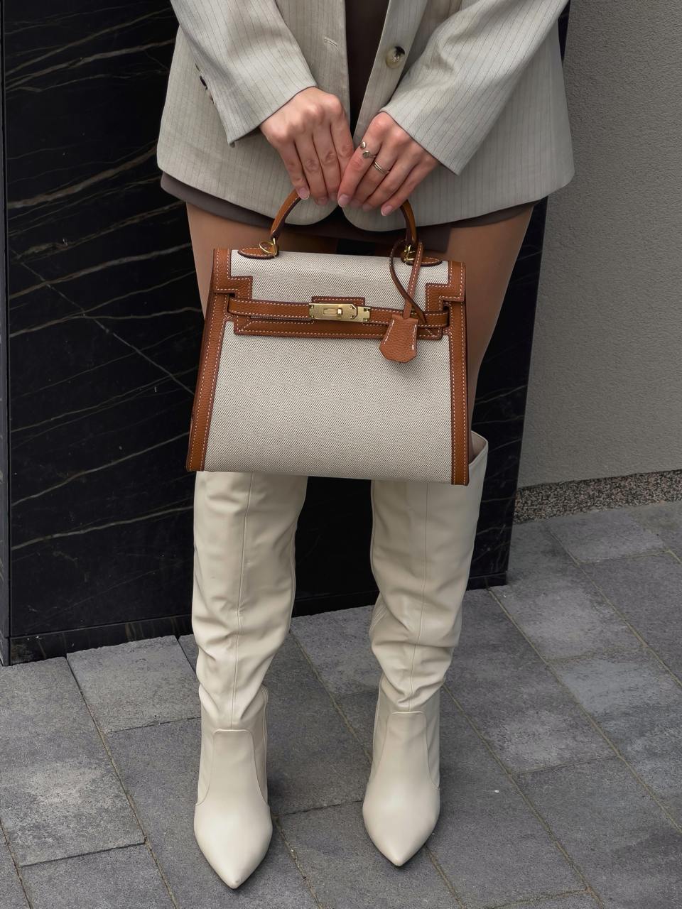 Hermes Kelly Handbag Ecru Toile and Gold Courchevel with Gold Hardware - 12