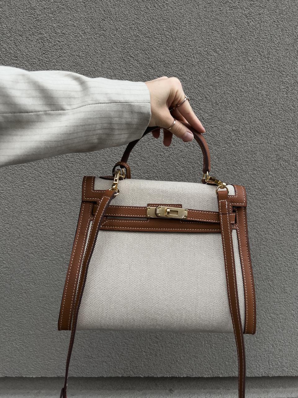 Hermes Kelly Handbag Ecru Toile and Gold Courchevel with Gold Hardware - 6