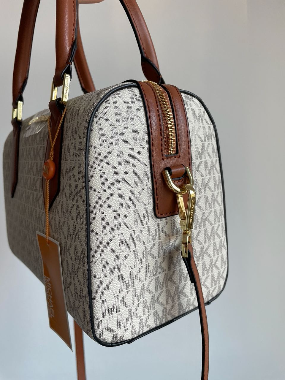 Michael Kors Small Hayes Duffle Crossbody Bag Vanilla/Luggage - 12