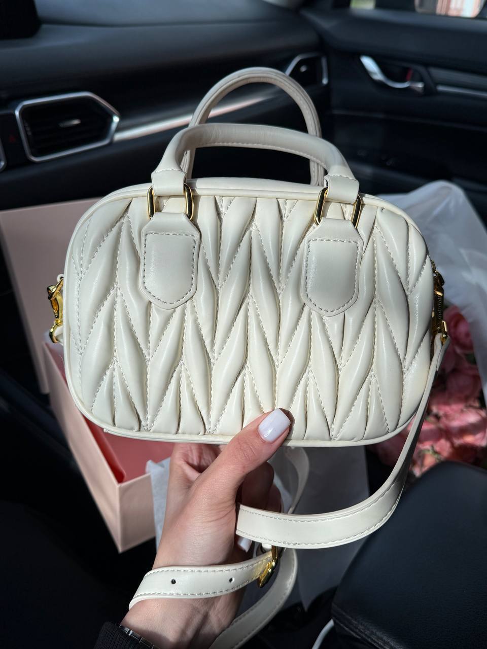 Miu Miu Arcadie Matelassé Nappa Leather Bag Cream - 6