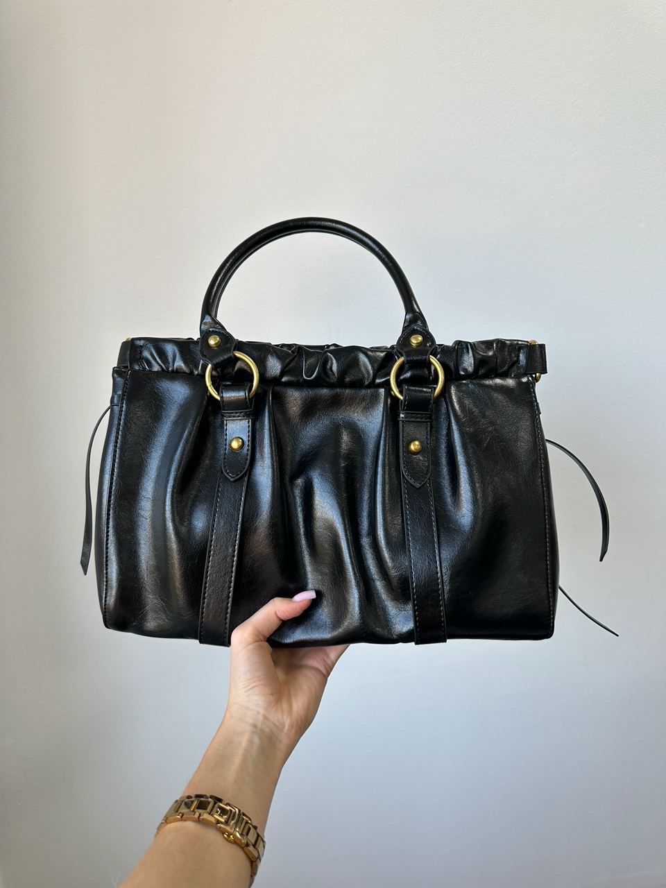 Miu Miu Black Vitello Lux Leather Gathered Tote - 6