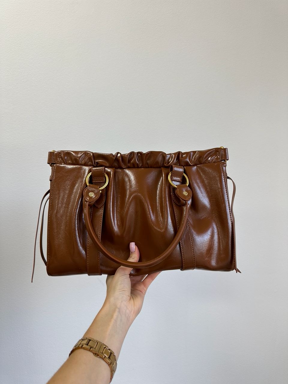 Miu Miu Brown Vitello Lux Leather Gathered Tote - 6