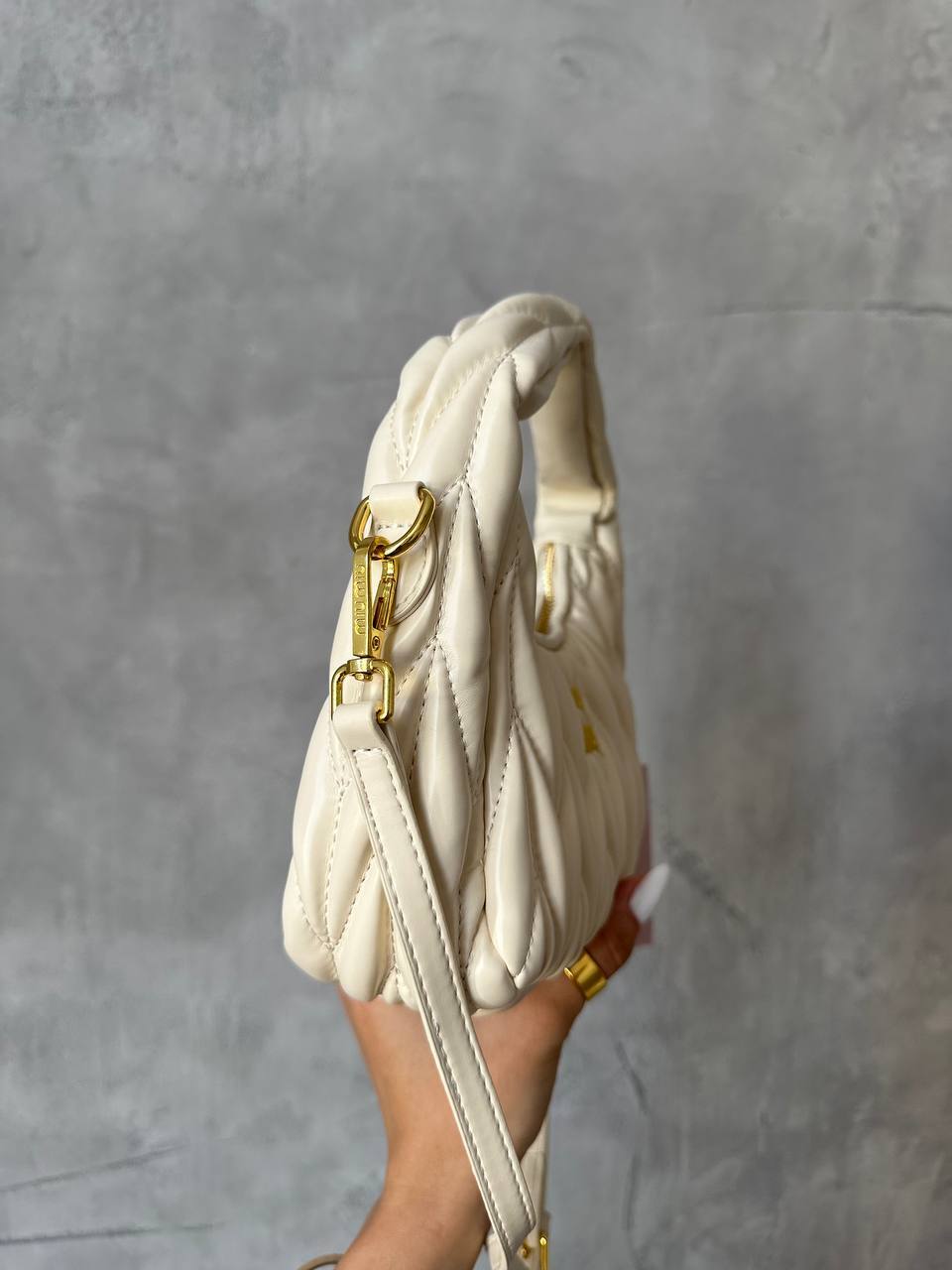 Miu Miu Wander Matelassé Nappa Leather Mini Hobo Bag Cream - 10