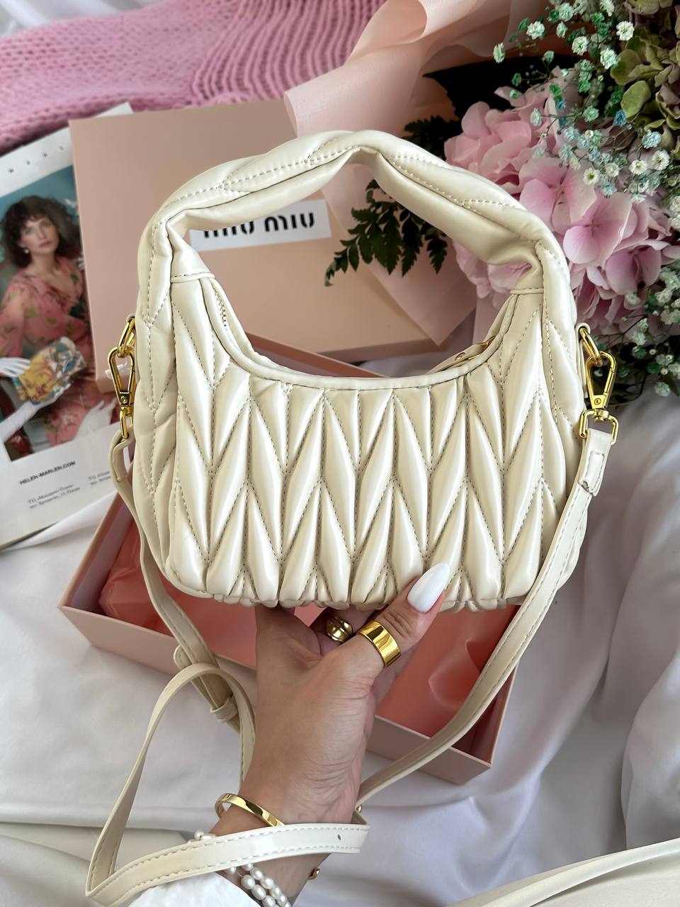 Miu Miu Wander Matelassé Nappa Leather Mini Hobo Bag Cream - 11