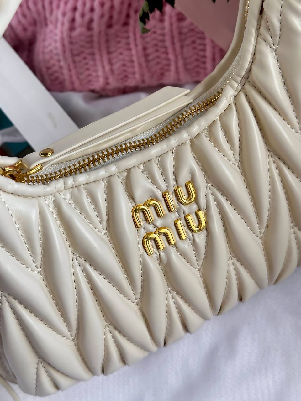 Miu Miu Wander Matelassé Nappa Leather Mini Hobo Bag Cream - 5