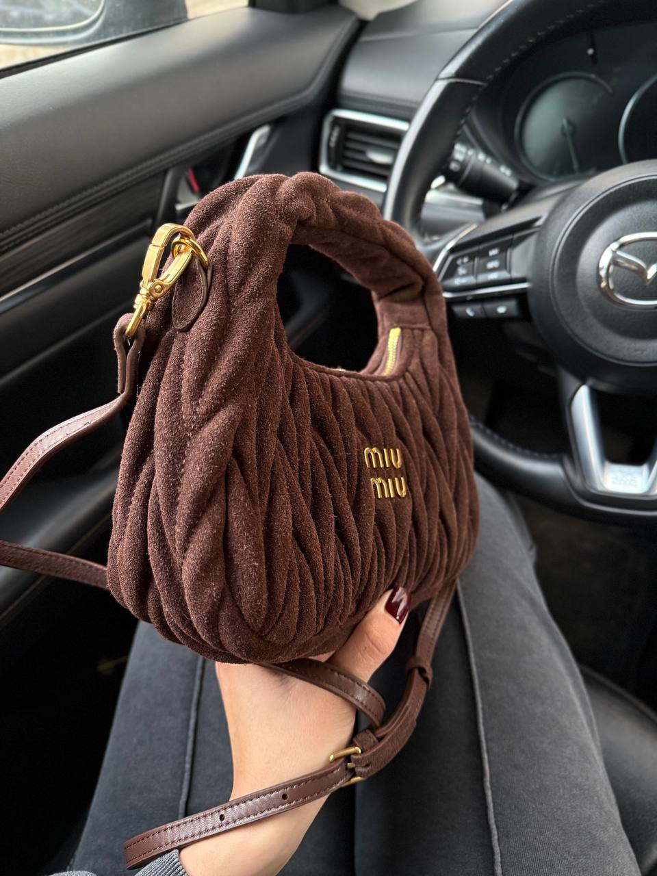 Miu Miu Wander Matelassé Nappa Suede Mini Hobo Bag Brown - 7