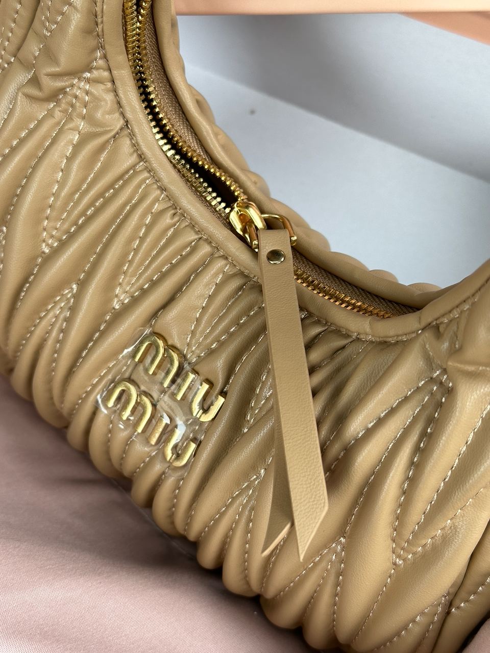 MiuMiu Wander Matelass? Nappa Leather Mini Hobo Bag Beige - 12