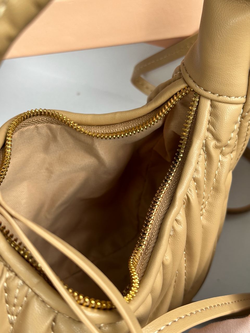 MiuMiu Wander Matelass? Nappa Leather Mini Hobo Bag Beige - 22