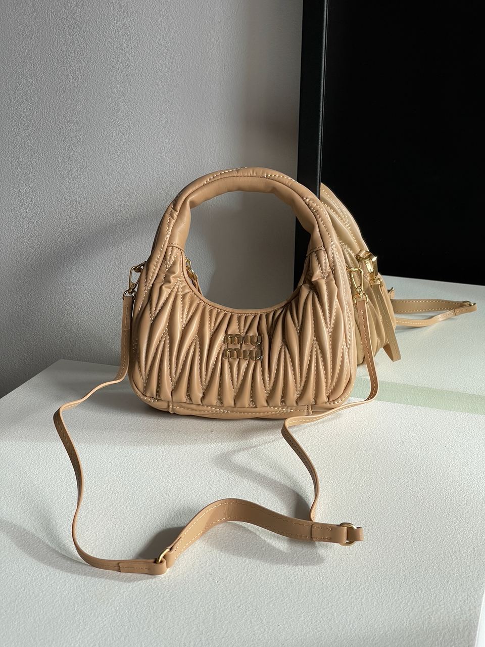 MiuMiu Wander Matelass? Nappa Leather Mini Hobo Bag Beige - 4