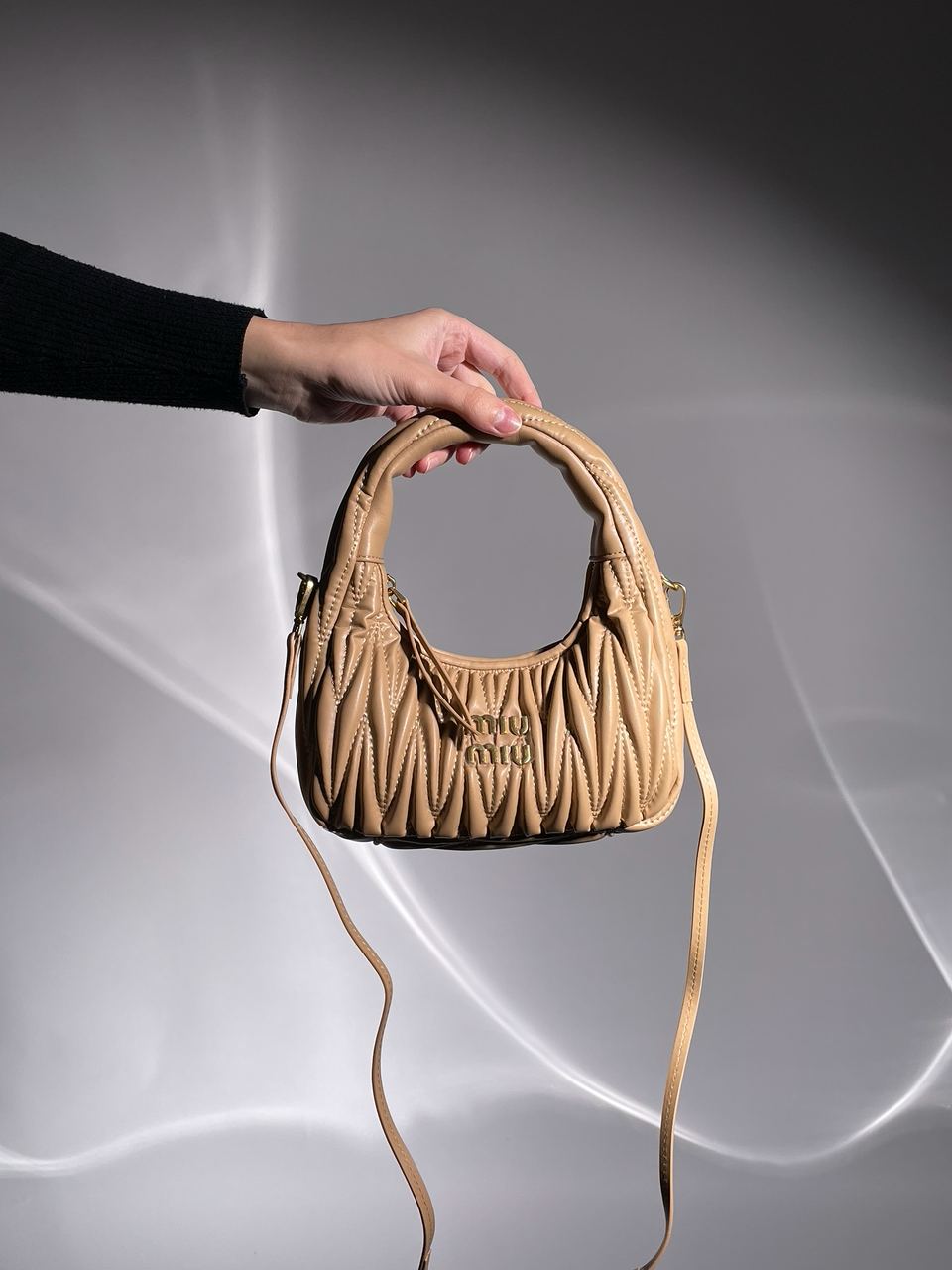 MiuMiu Wander Matelass? Nappa Leather Mini Hobo Bag Beige - 9
