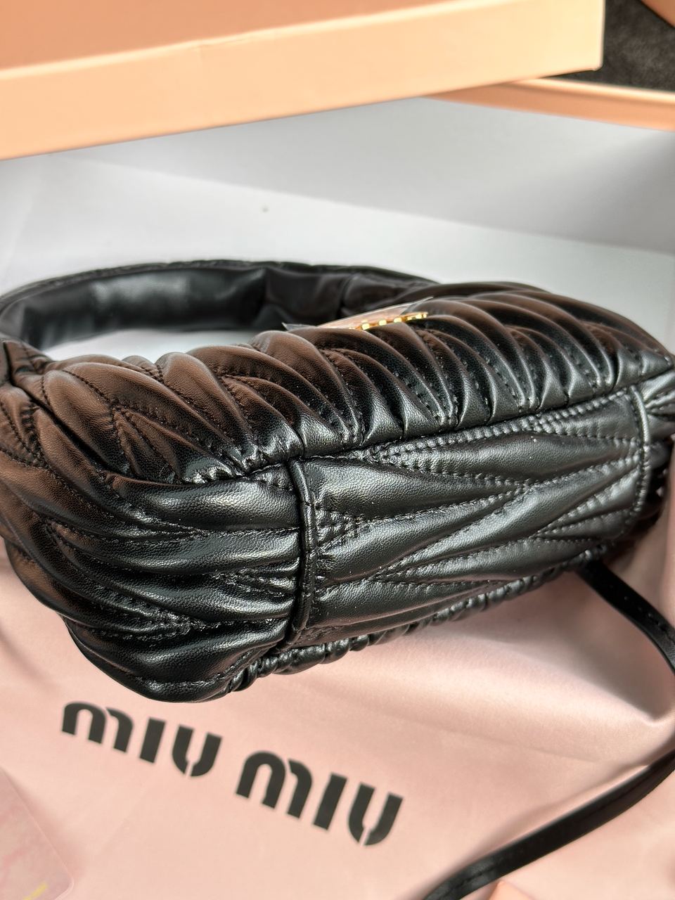 MiuMiu Wander Matelassé Nappa Leather Mini Hobo Bag Black - 18