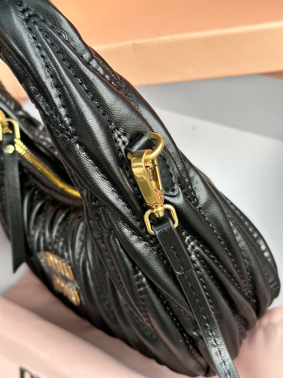 MiuMiu Wander Matelassé Nappa Leather Mini Hobo Bag Black - 19