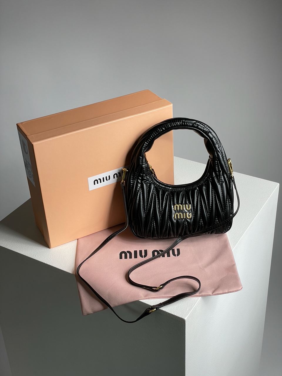 MiuMiu Wander Matelassé Nappa Leather Mini Hobo Bag Black - 3