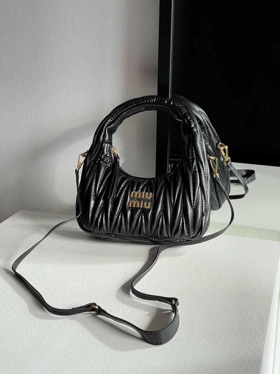 MiuMiu Wander Matelassé Nappa Leather Mini Hobo Bag Black - 6