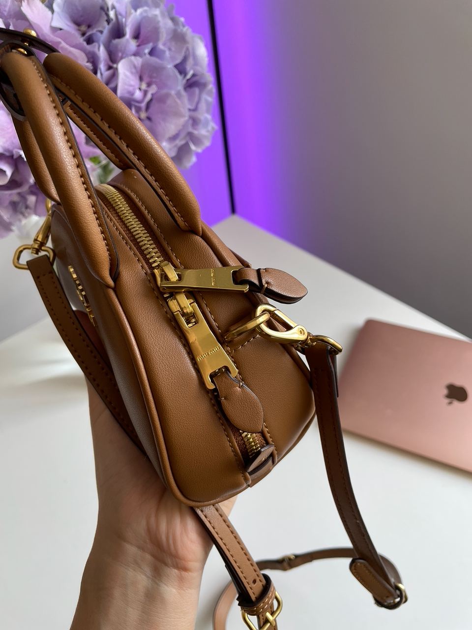 MiuMu Leather Top Handle Bag Brown - 19