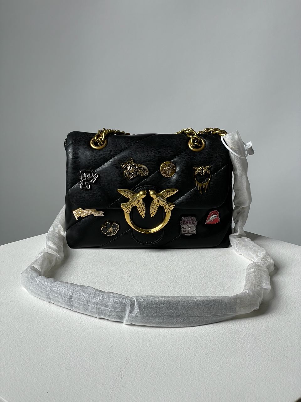 Pinko Black Quilted Leather Love Mini Puff Pins - 3