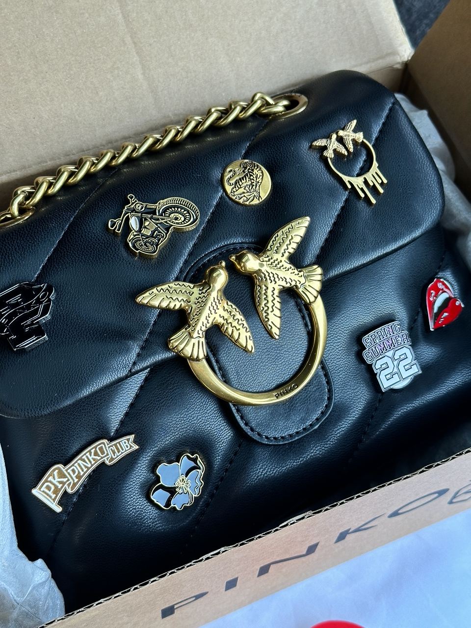 Pinko Black Quilted Leather Love Mini Puff Pins - 7