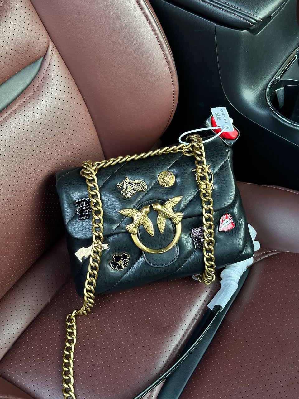 Pinko Black Quilted Leather Love Mini Puff Pins - 9