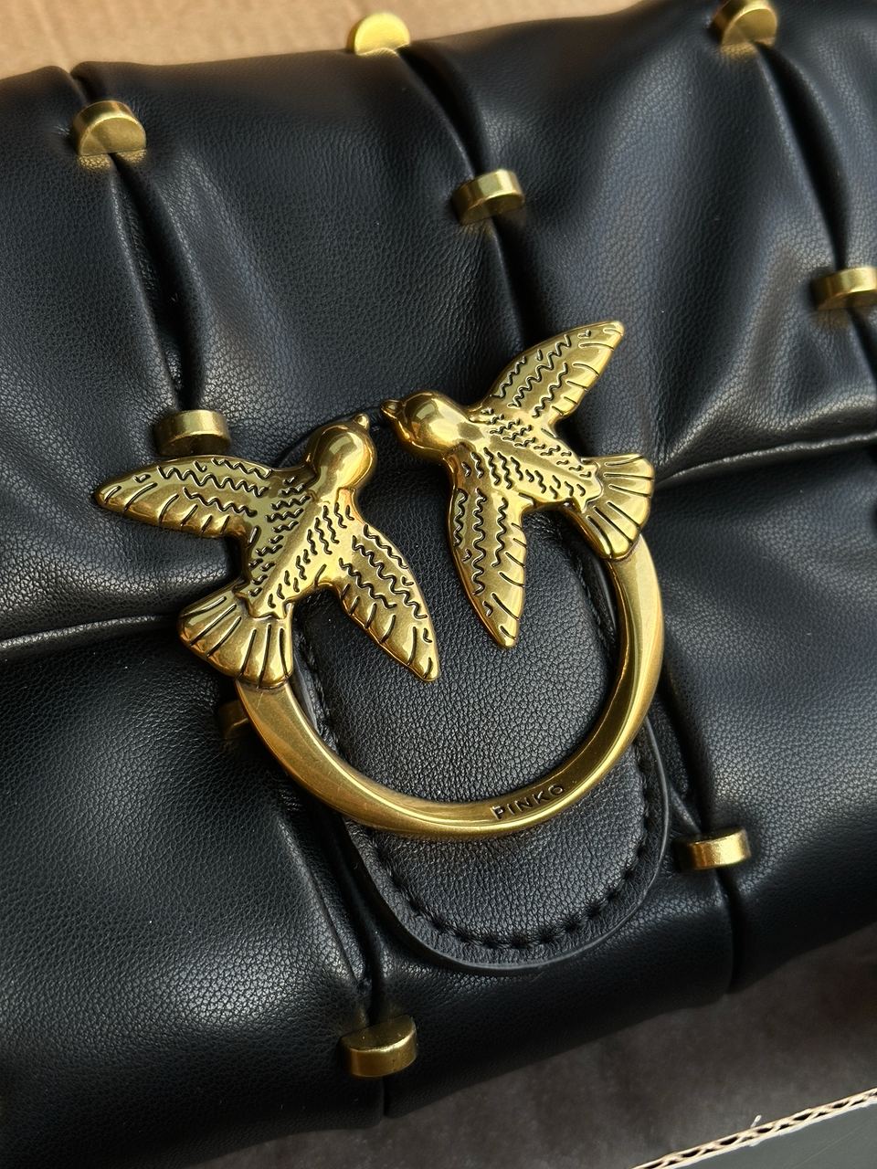 Pinko Black Quilted Leather Love Mini Puff Staples - 10