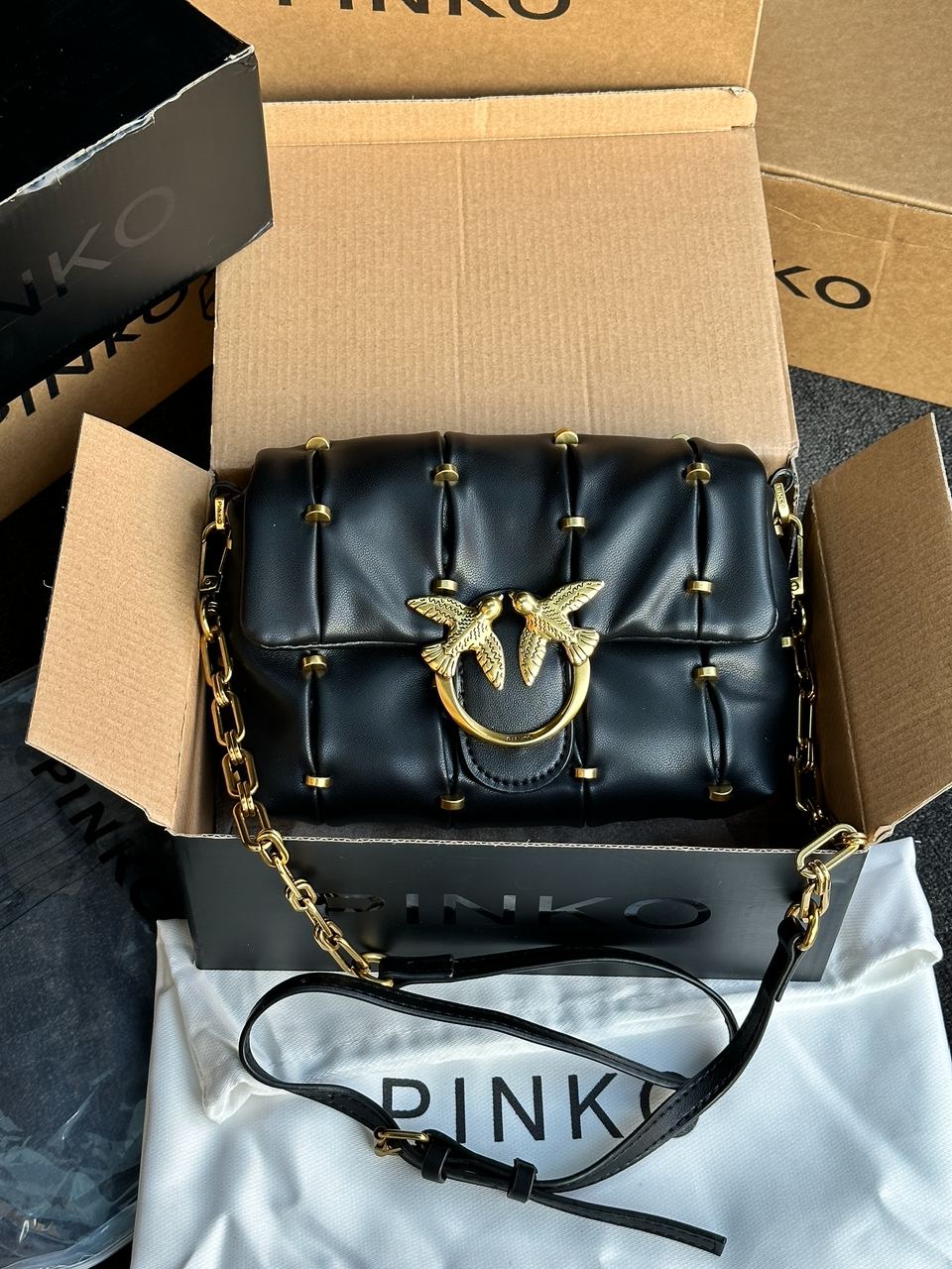 Pinko Black Quilted Leather Love Mini Puff Staples - 2