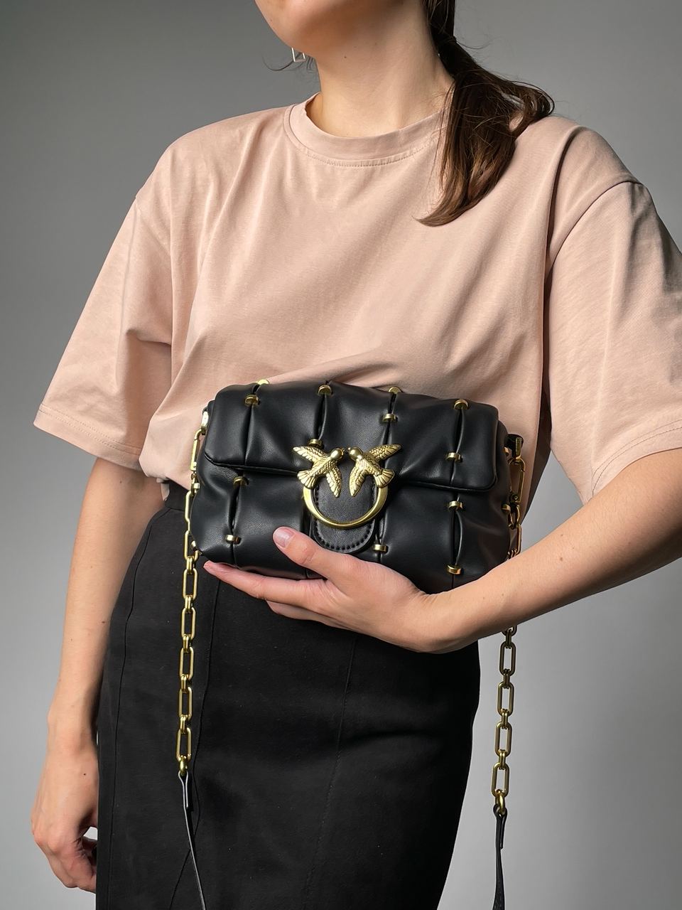 Pinko Black Quilted Leather Love Mini Puff Staples - 4