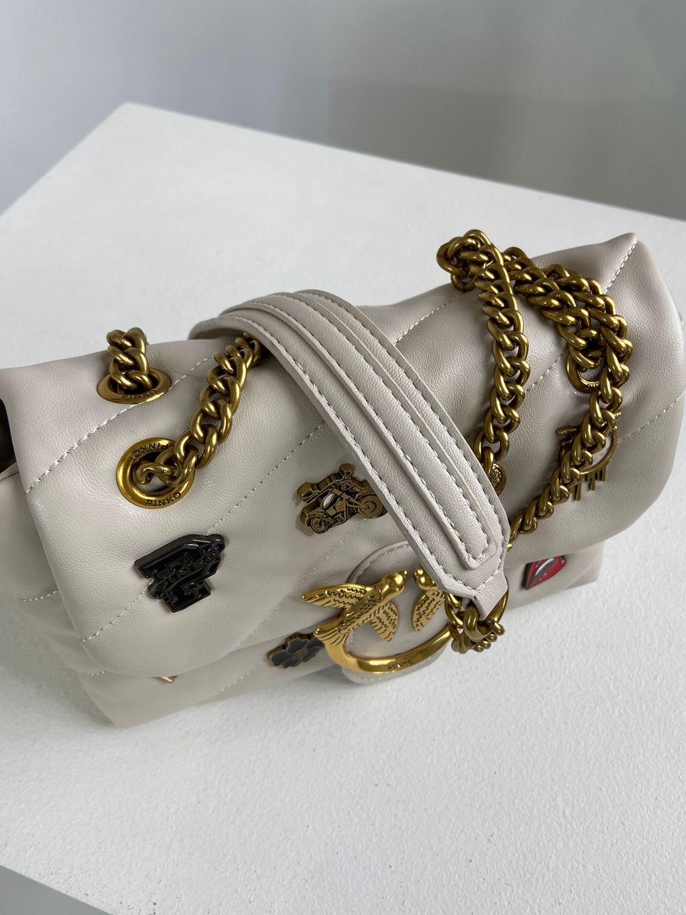 Pinko Grey Quilted Leather Love Mini Puff Pins - 9