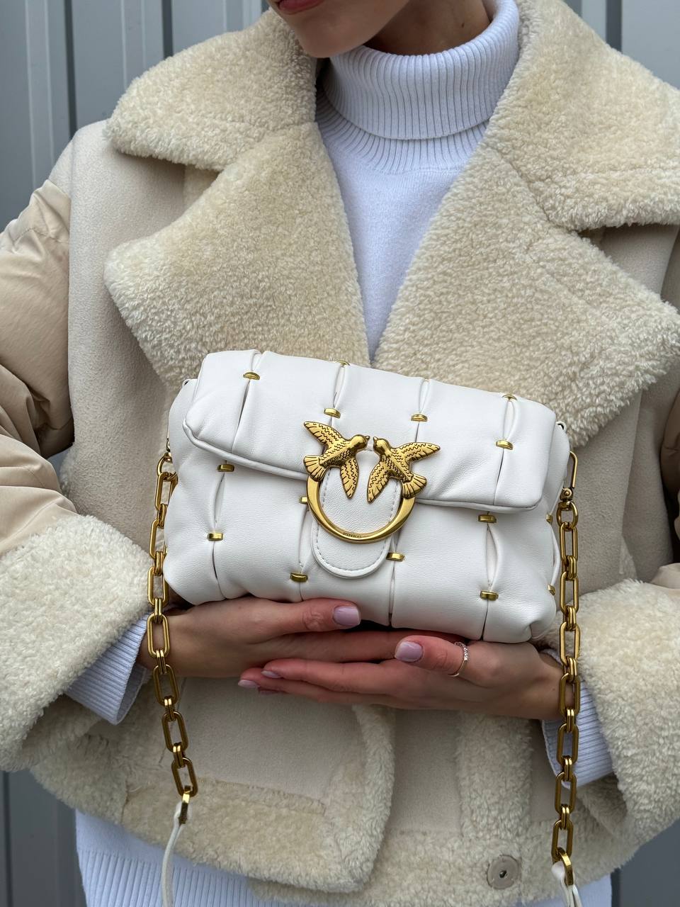 Pinko Grey Quilted Leather Love Mini Puff Staples - 2