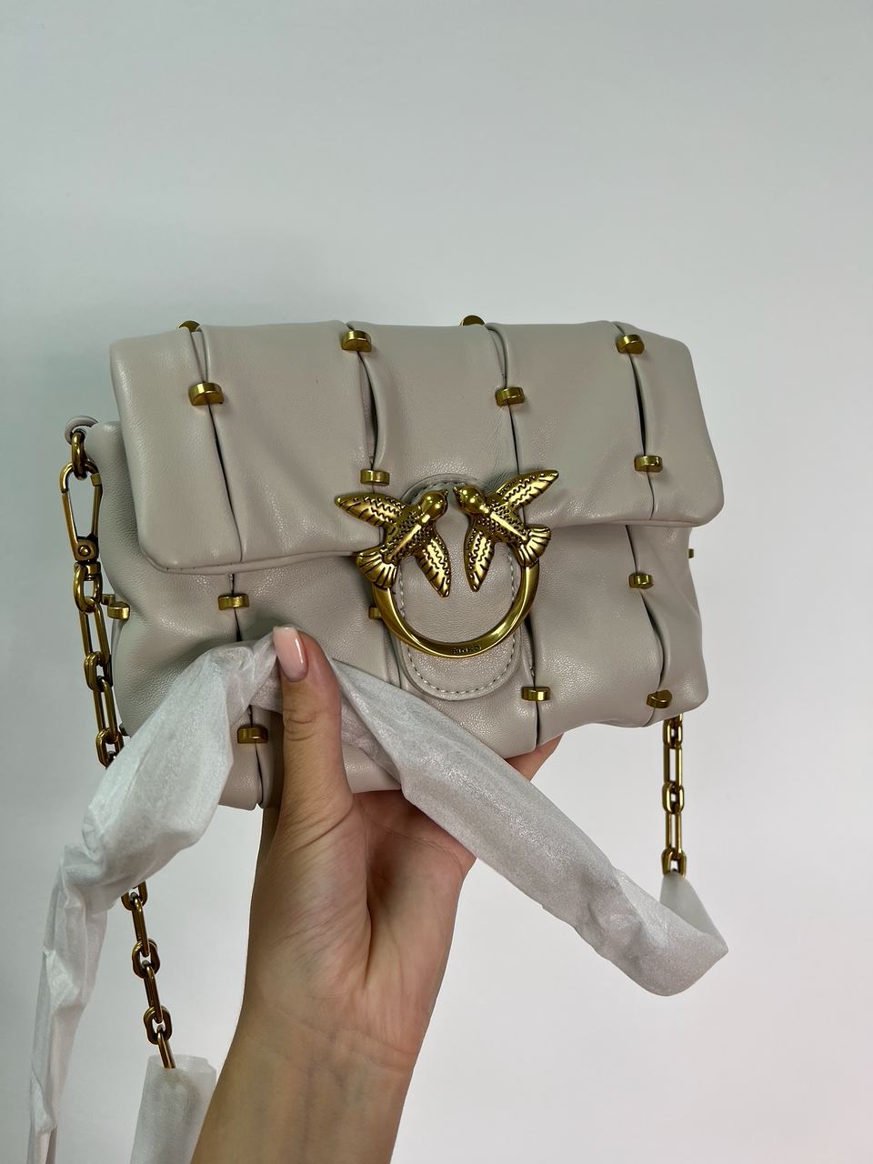 Pinko Grey Quilted Leather Love Mini Puff Staples - 8