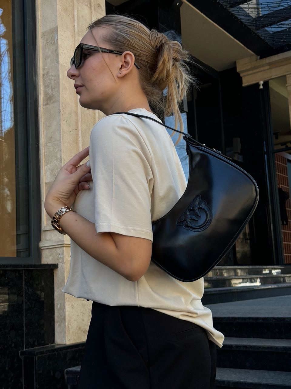 Pinko Half Moon Bag Simply Black With Leather Buckle - 7