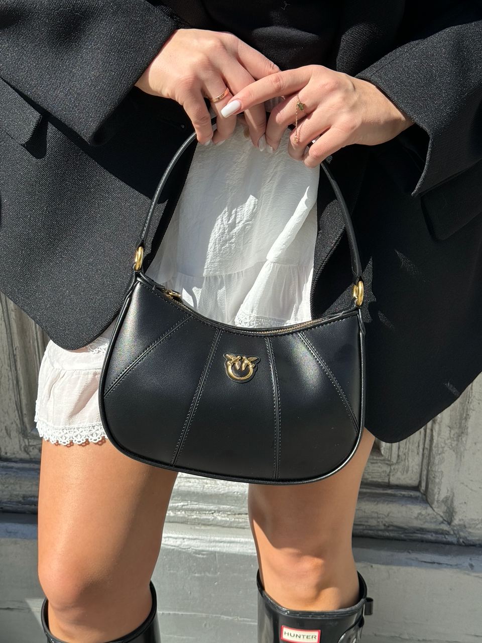 Pinko Hobo Bag Fine Grain Cow Leather Black - 10