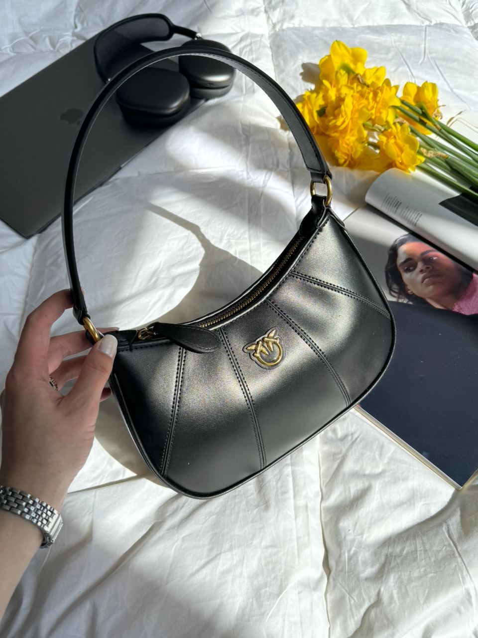 Pinko Hobo Bag Fine Grain Cow Leather Black - 8