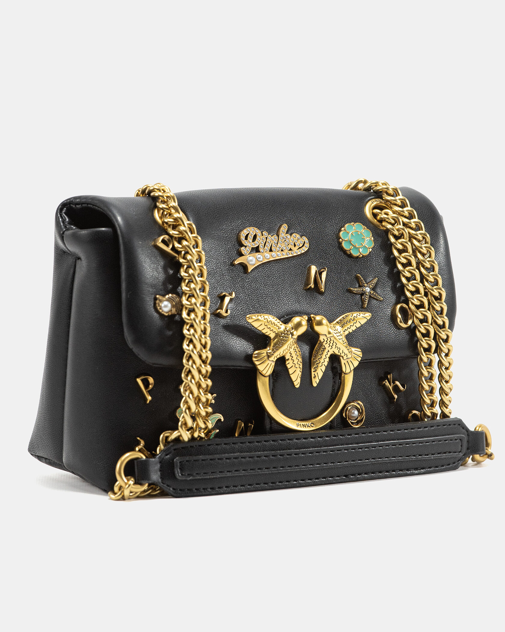 Pinko Love Medium Shoulder Bag in Black Leather with Embellishments - 5