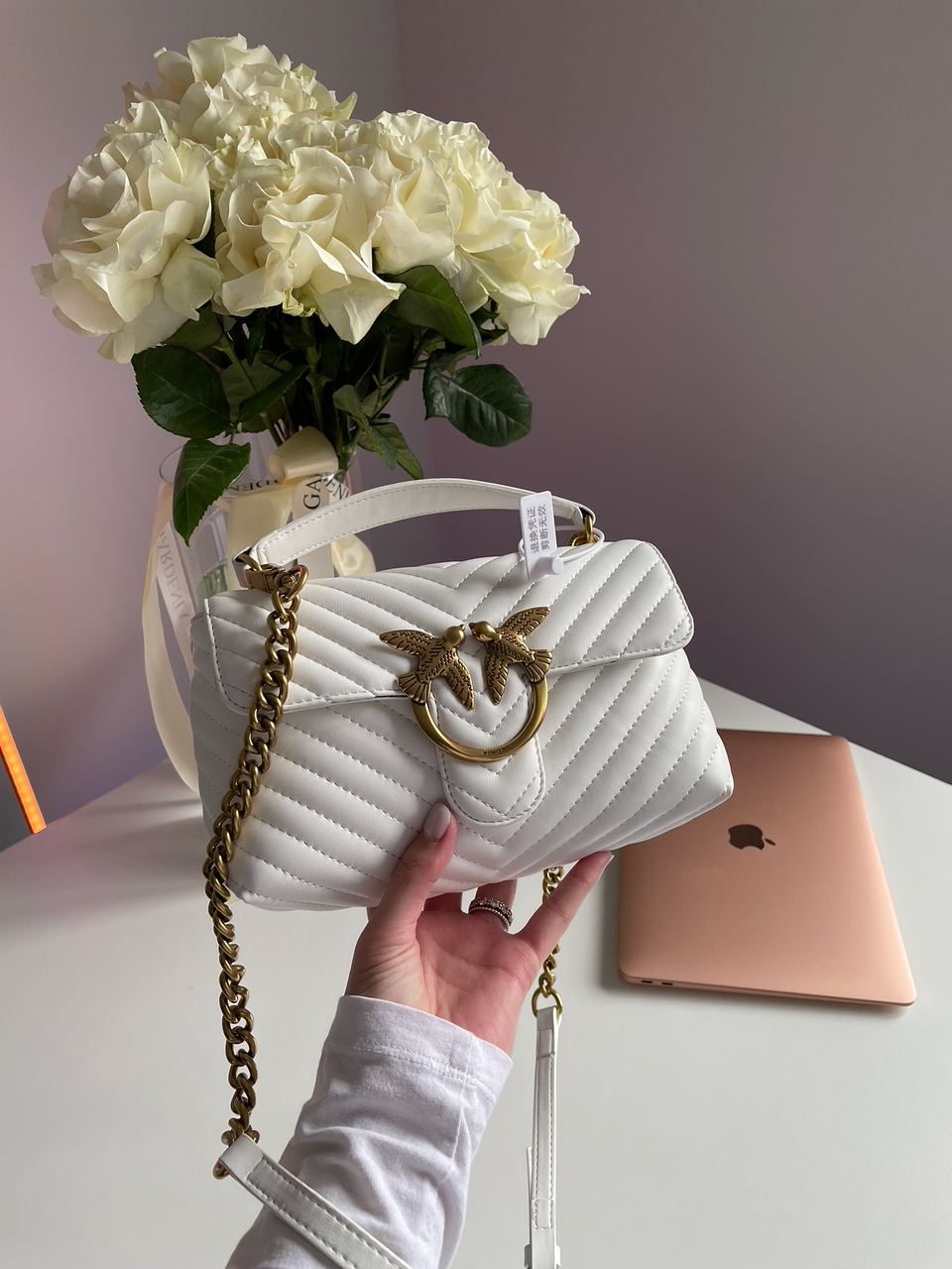 Pinko Mini Classic Lady Love Bag Puff Chevron White/Gold - 6