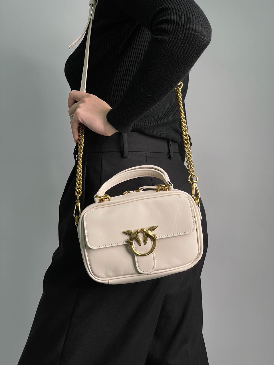 Pinko Square Simply Mini Calfskin Bag Cream - 5