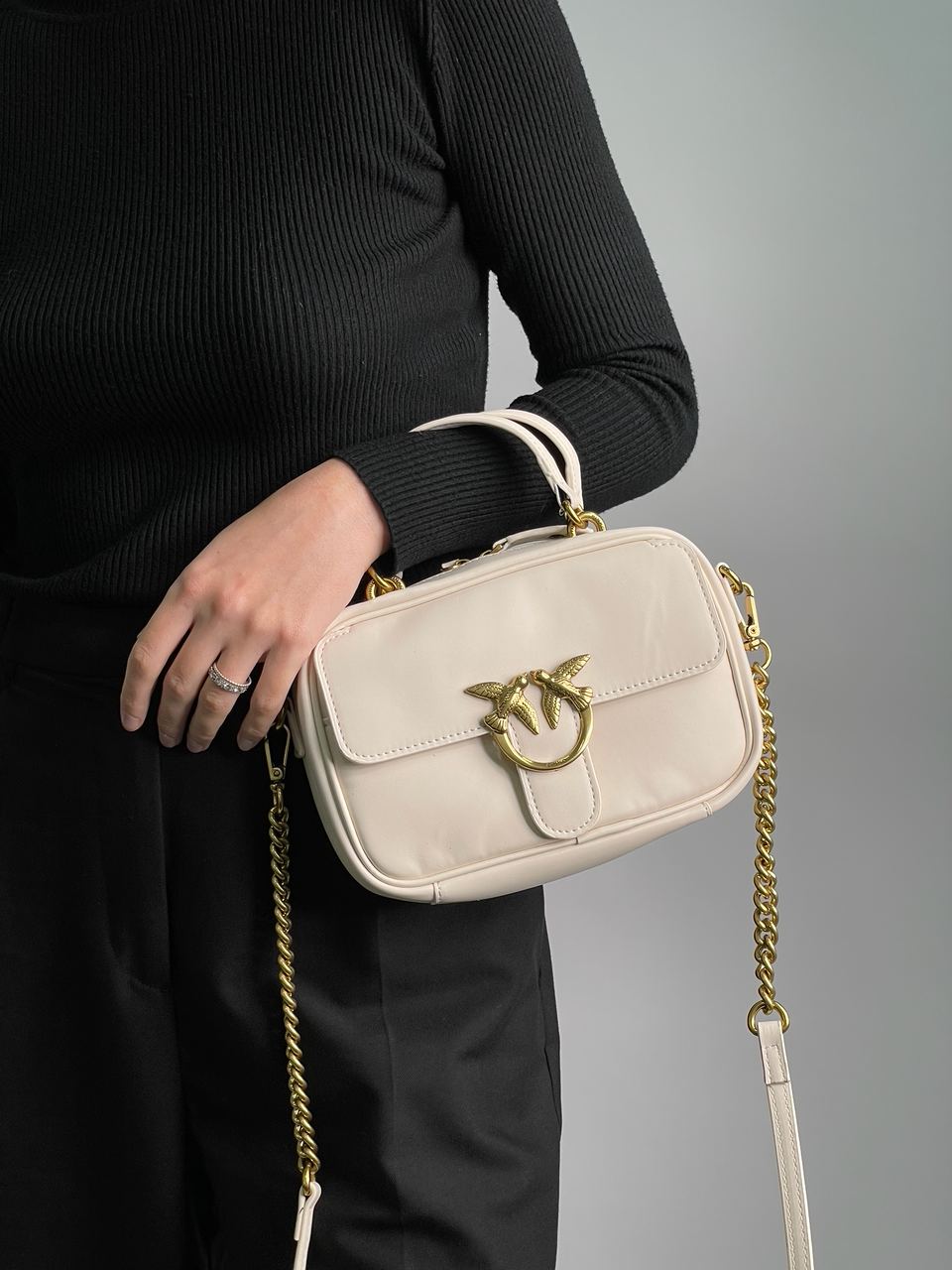 Pinko Square Simply Mini Calfskin Bag Cream - 8