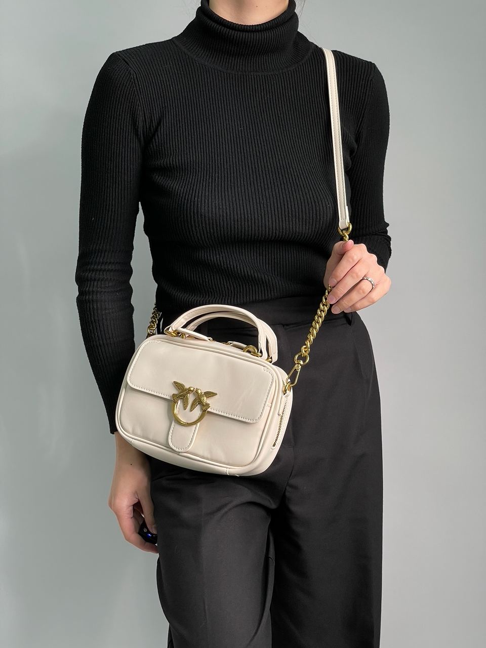 Pinko Square Simply Mini Calfskin Bag Cream - 9