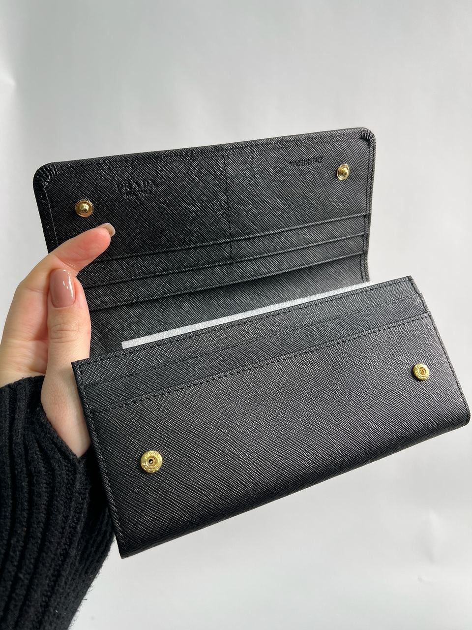 Prada Logo Leather Bi Fold Long Wallet Black - 16