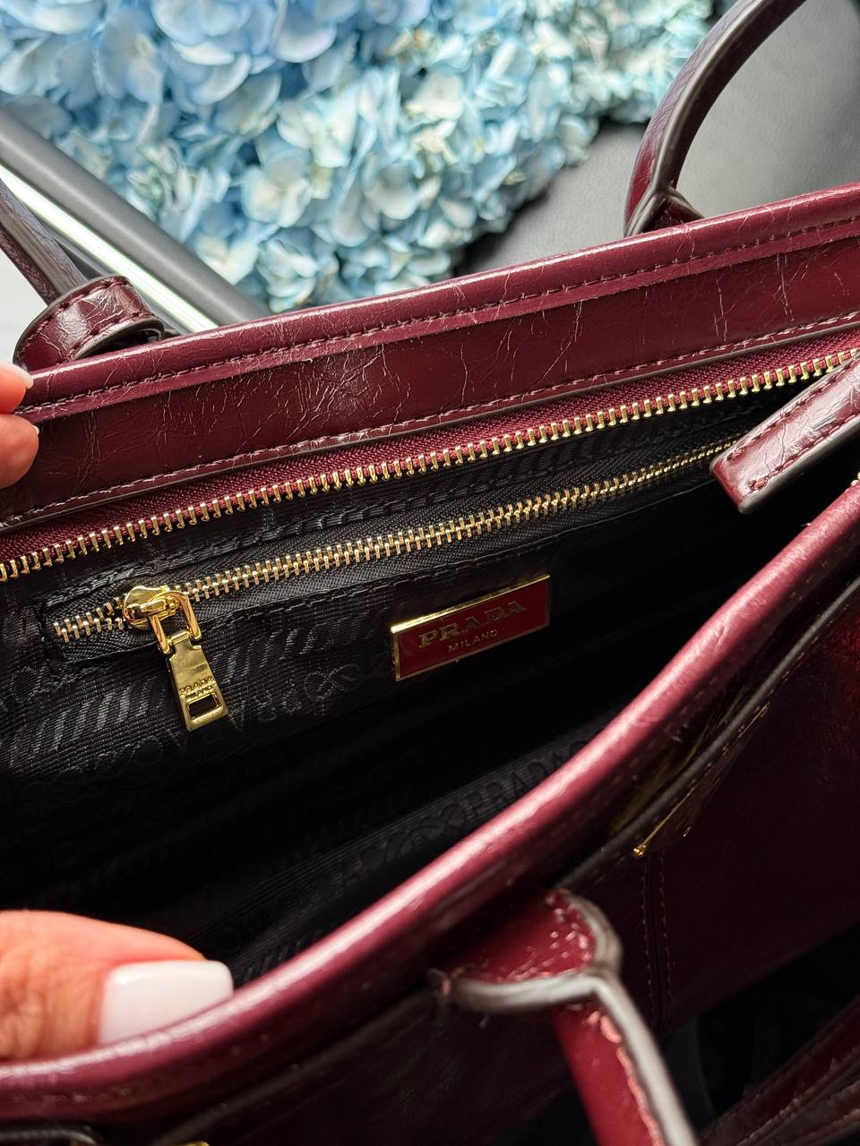 Prada Medium Leather Handbag Burgundy - 12