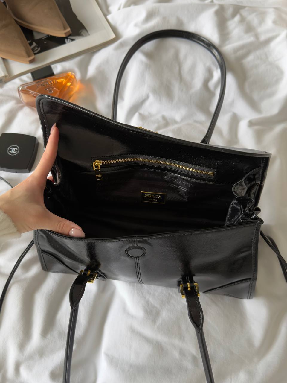 Prada Medium Leather Shoulder Bag Black - 13